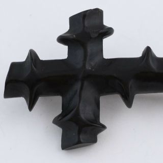 Antique Victorian Mourning Carved Jet Thorny Cross Brooch Pin 6