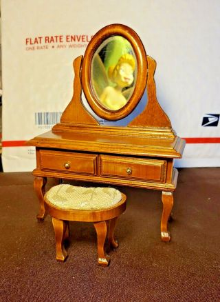 Dollhouse Miniature Wood Vanity With Tilting Mirror & Stool
