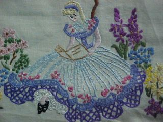 Vintage Crinoline Lady Traycloth,  Reading Book In Garden,  Lilac Tree And Flowers