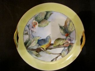 Antique Kpm Germany Porcelain Plate With Bird & Flowers.  Gold Handles.  9 "