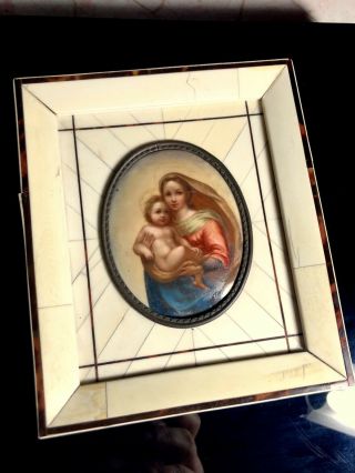 Antique Hand Painted Miniature Portrait Madonna & Child W Inlaid Bone Frame