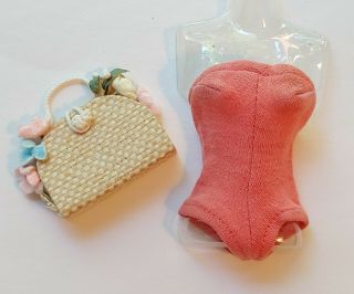 Vintage Barbie Doll Accessories 923 (1961 - 62) Coral Swimsuit,  Straw Flower Tote