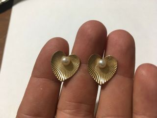 Antique Vintage Lily Pad / Heart Solid 14k Gold Screwback Earrings Pearl 5.  1g