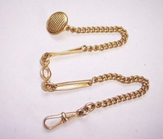 Antique/vintage German Gold Plated Button Hole Pocket Watch Chain 9.  5 " Long