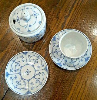 Vintage Blue Vines Kalk Porcelain Sugar Bowl,  Lid Cup 2 Saucers Crossed Arrows