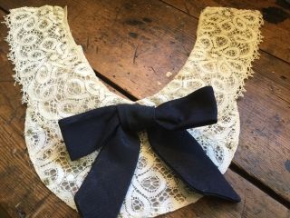 Antique Vintage Lace Collar With Dark Blue Silk Bow Tie