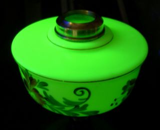 Antique Handpainted Floral Decor Green Opaline Uranium Glass Oil Lamp Font