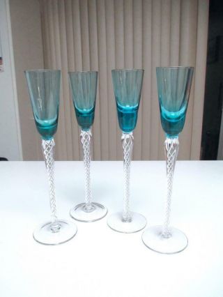 Set Of 4 Tall Blue Cordial Glasses With Air Twist Stems