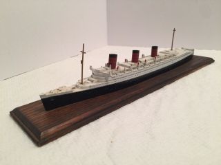 Antique Queen Mary Oceanliner Waterline Ship Model Metal Wooden Base
