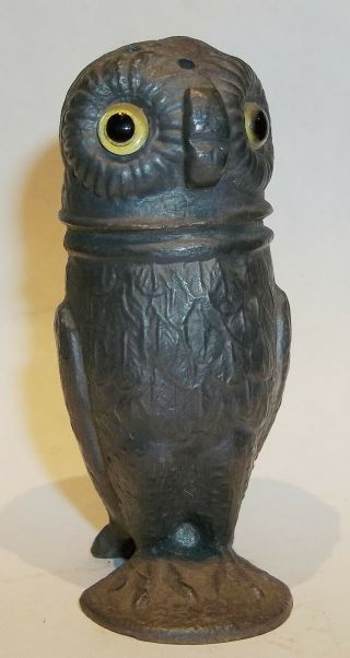 Antique Victorian Pewter Figural Owl Salt Or Pepper Shaker W/glass Eyes