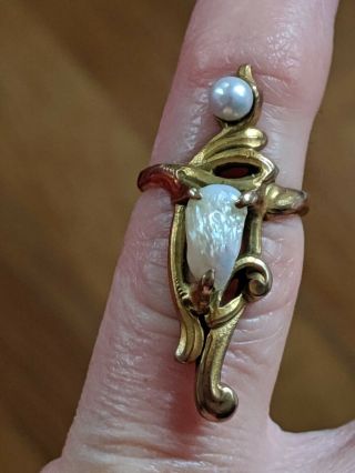 Antique Victorian Baroque Pearl And Round Pea Gold Filled Pinky Ring Size 5 (ish)