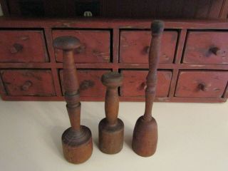 3 Antique Wooden Mashers From Old Farmhouse - For Age