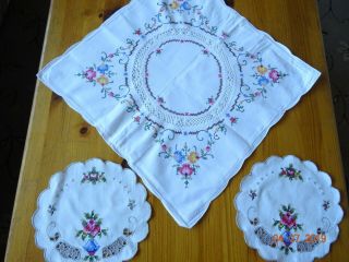 Gorgeous White Hand Embroidered Cushion Cover And Two Small Doilies