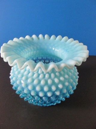 Antique Fenton Opalescent Blue Hobnail Crimped/fluted Edge Rose Bowl 4.  5 " Tall
