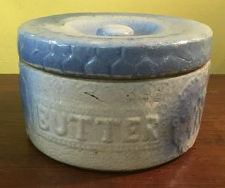 Antique Blue White Salt Glazed Stoneware Butter Crock 1900s