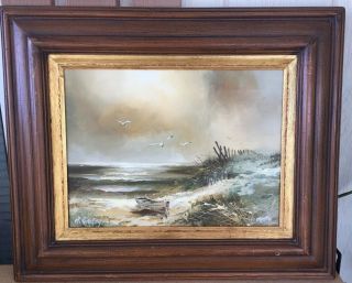 Vintage Oil On Canvas Signed By Artist Painting Of Ocean - Seagulls