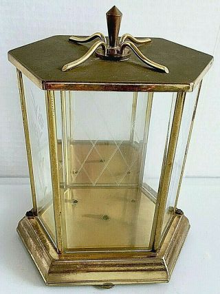Brass And Glass Etched And Beveled Clock Case 6 Sided On Base