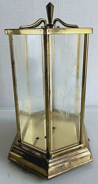 Brass and Glass Etched and Beveled Clock Case 6 Sided on Base 2