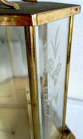 Brass and Glass Etched and Beveled Clock Case 6 Sided on Base 6