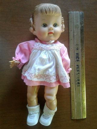 12 " Vintage 1950s Vinyl Rubber Baby Girl Molded Hair Doll Full Dressed Cute Face