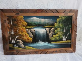 Vintage Velvet Painting By Chuy Waterfall River Mountain Trees Framed
