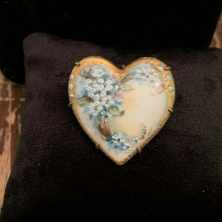 Antique Victorian Hand Painted Porcelain Heart Brooch
