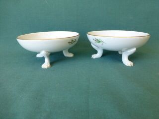 Two Antique Meissen Crossed Swords Hand Painted Roses Claw Footed Small Bowls