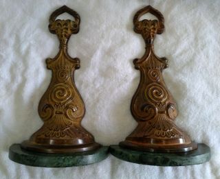 Pair Antique Victorian Cast Bronze Bookends With Marble Bases 13 1/2 "