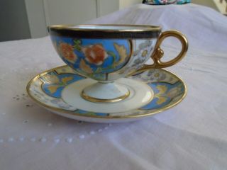 Antique Hand Painted Nippon Pedestal Cup And Saucer.