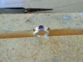 24k Pure Gold,  Hand Made Hammered Silver Ring & Amethyst