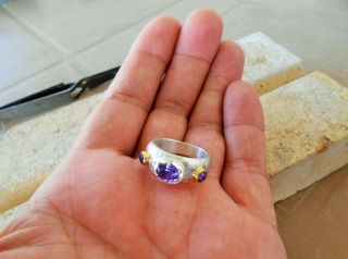 24K pure gold,  Hand Made Hammered Silver Ring & Amethyst 6