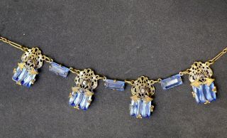Antique Costume Jewelry Necklace W/ Hand - Set Blue Glass Or Crystal Stones