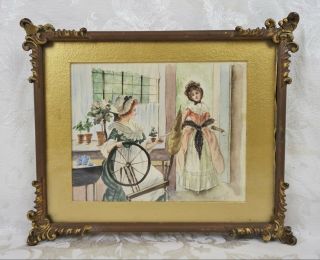 Antique 19th Century Signed Victorian Woman Spinning Wheel Watercolor Painting
