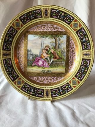 Antique Royal Vienna Porcelain Plate,  9”,  Romantic Scene,  Gold Detailing