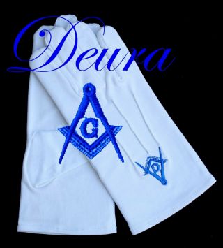 Masonic Embroidered White 100 Cotton Gloves Blue G Square & Compass Size Xl