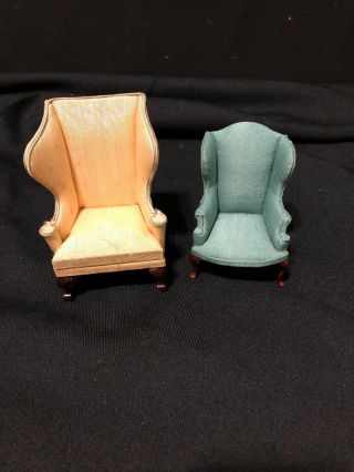 Two Miniature Doll House Wing Back Chairs