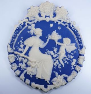 Antique Blue & White Jasperware Plaque Lady And Cupid - Unique
