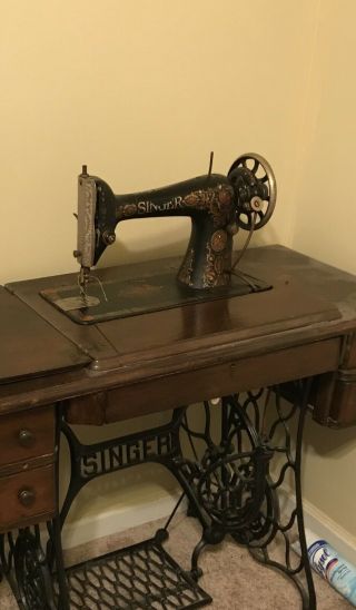 Antique 1890 Singer Early Model 15 Sewing Machine Hand Crank With Desk And Pedal