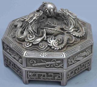 China Collectable Handwork Old Miao Silver Carve Exorcism Dragon Play Bead Box