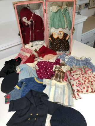 Vintage Pink Metal 16 " Trunk With Mommy - Made Clothes For Shirley Temple Doll