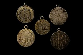 Five Antique Tramp Art Hand Engraved Pendants Made From Silver Dimes /half Dime