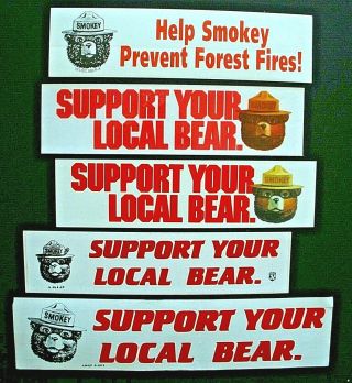 5 Vintage Smokey Bear Bumper Stickers " Support Your Local Bear " All Different