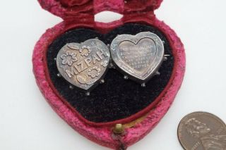 Antique Victorian English Silver Joined Hearts Mizpah Brooch & Heart Box