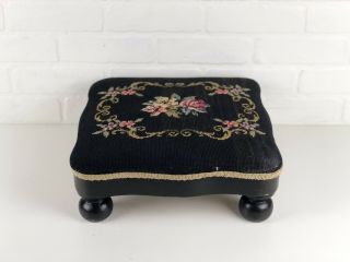 Vintage Floral Needle Point Wooden Foot Stool 4 Legged Black Pink Gold Yellow