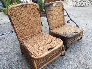Vintage Antique Wicker Boat Or Canoe Fishing Chairs With Leather Straps