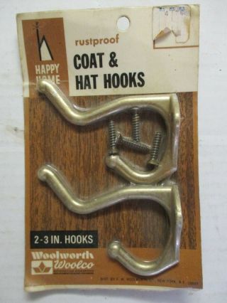 2 Vintage Usa Woolworth Woolco Coat Hat Hooks Happy Home Brass Plated Cast Zinc