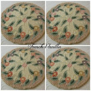Shabby Cottage Antique Hooked Rug Round Chair Pads Set Of 4 Soft Pastel Florals