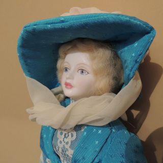 Vintage Porcelain Head,  Hands In Blue Victorian Dress,  Hat Doll 14 Inch