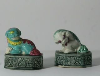 2 Antique Early 20thc Chinese Signed Porcelain Foo Dog Figures Statues