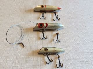 3 Vintage Lures 3 " & 4” Wooden Plug With Glass Eyes Martin